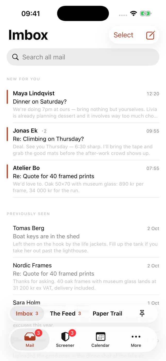 The Imbox on iPhone, with New for you on top and Previously seen below.
