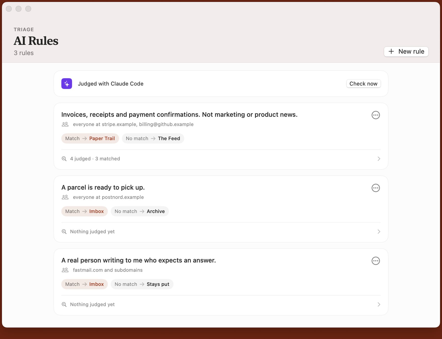 Three AI rules on Mac, each with where matching and non-matching mail goes.