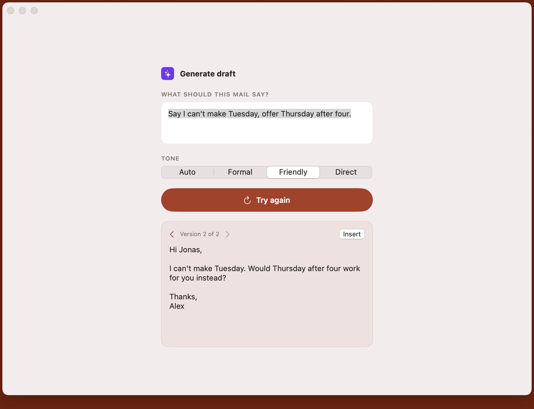 Generate draft on Mac: an instruction, a tone picker and a written reply to insert.