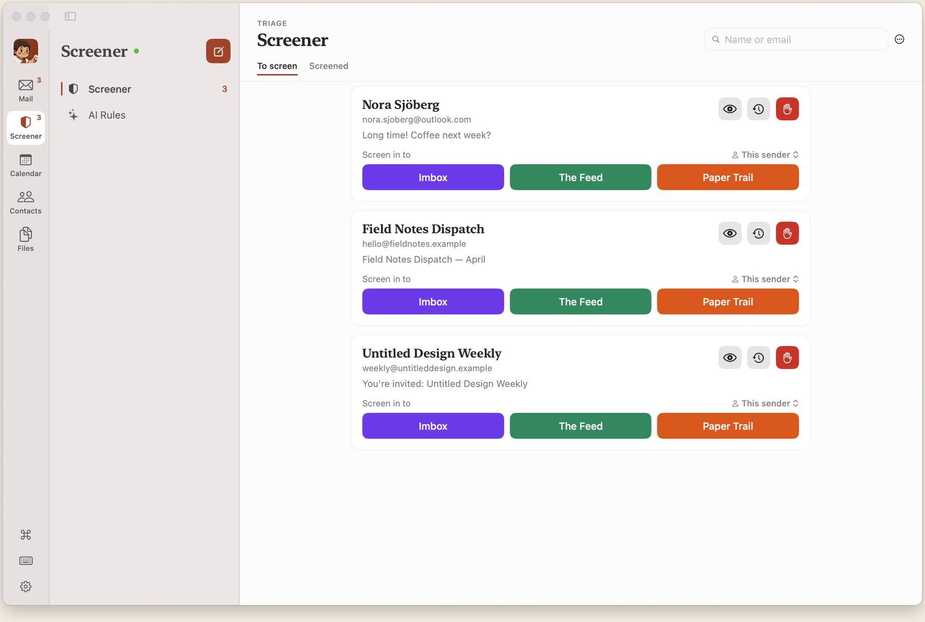 The Screener on Mac. Three new senders, each with buttons for Imbox, The Feed and Paper Trail.