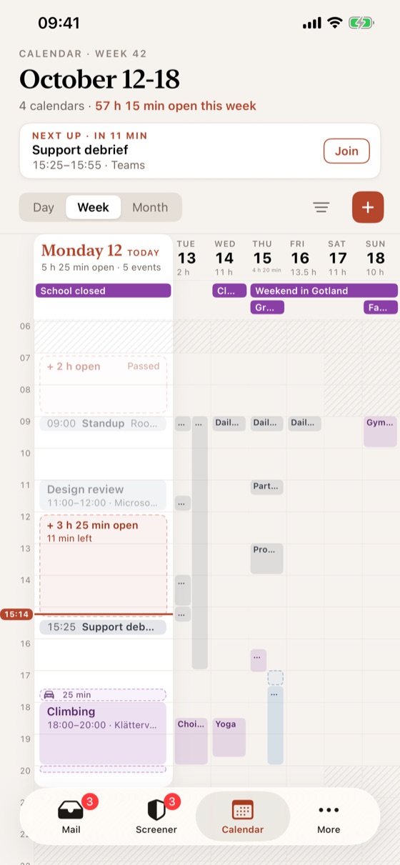 The calendar's week on iPhone.