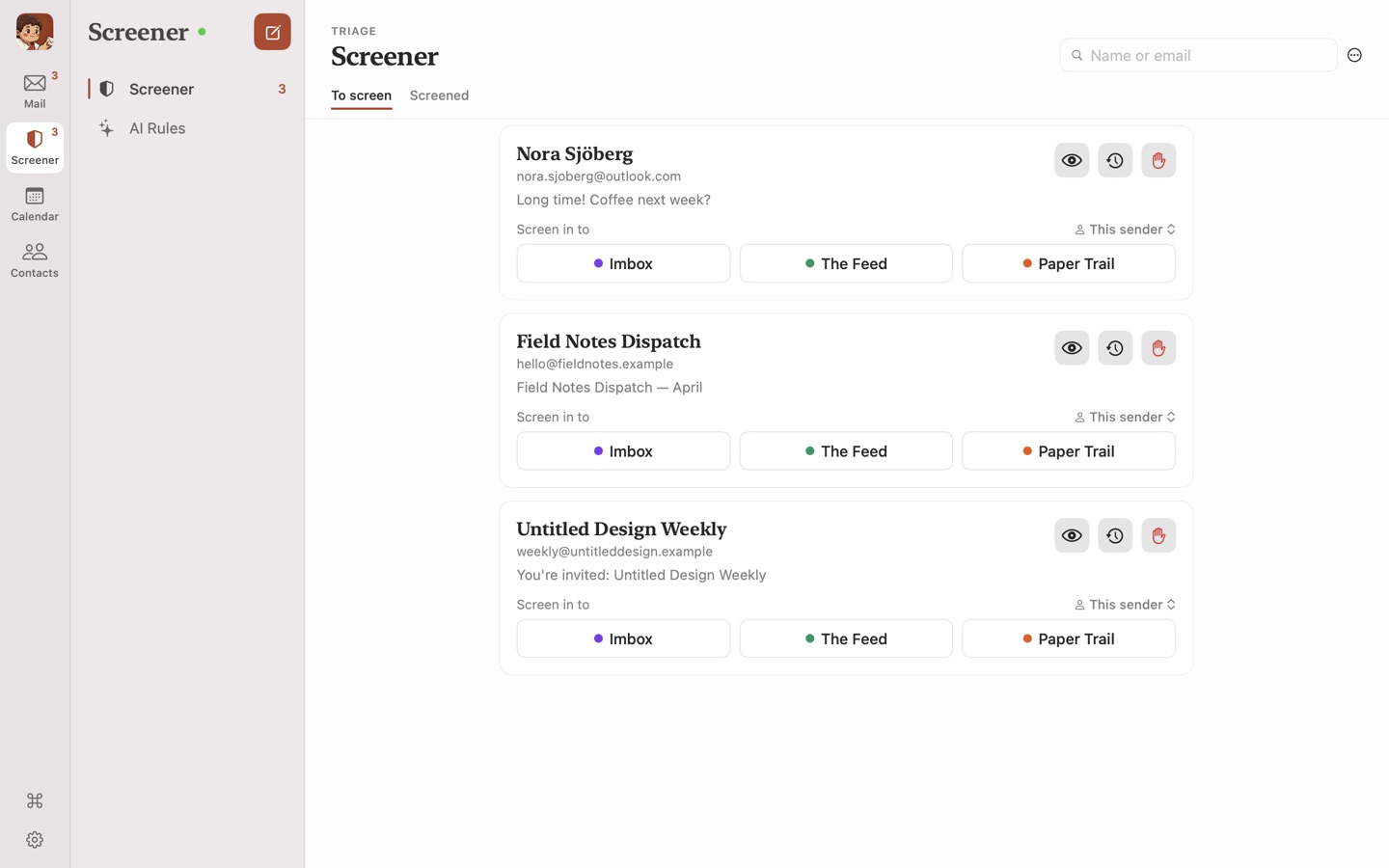 The Screener on Mac, with three new senders and buttons for Imbox, The Feed and Paper Trail.