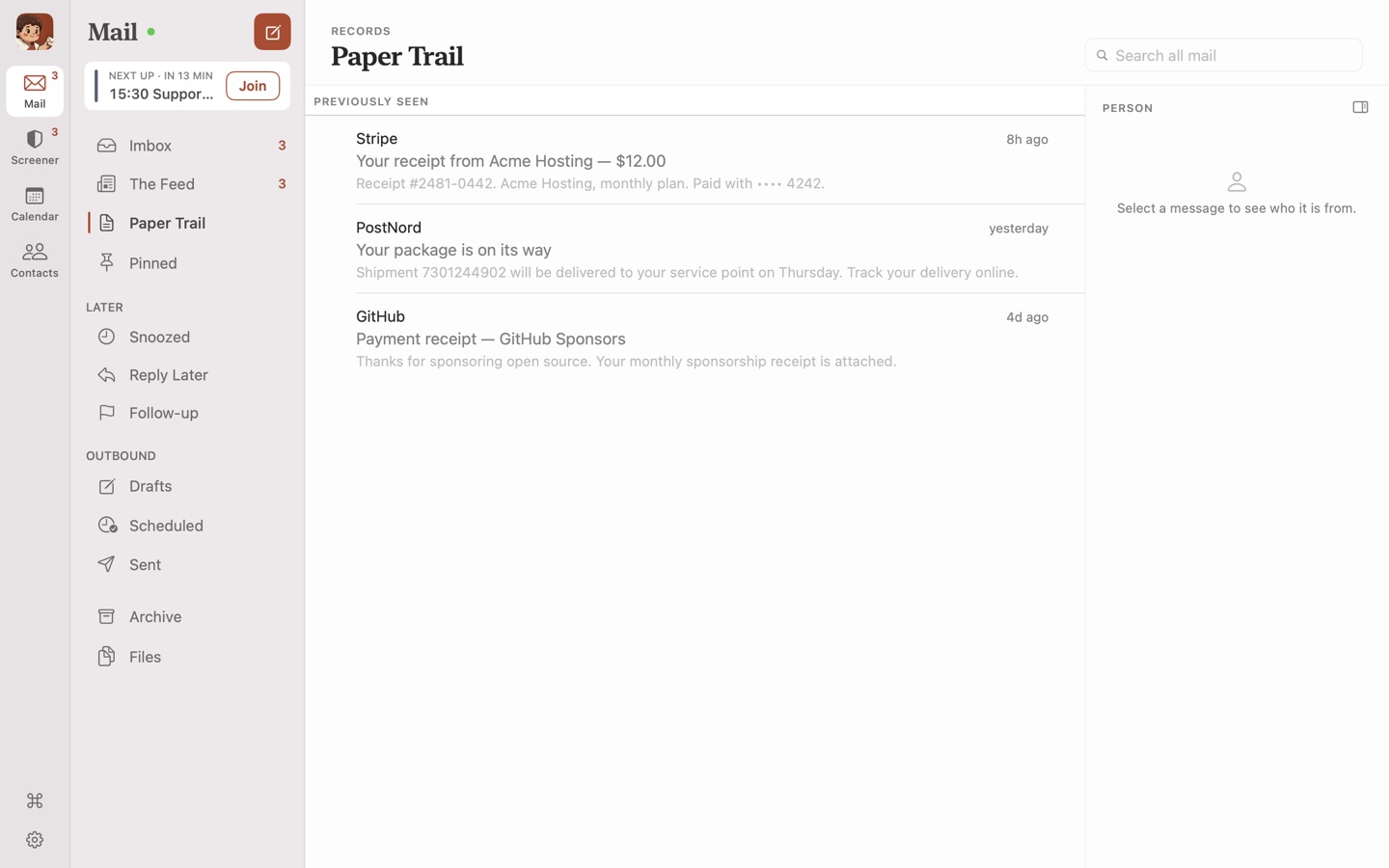 Paper Trail on Mac, a list of receipts and bookings.