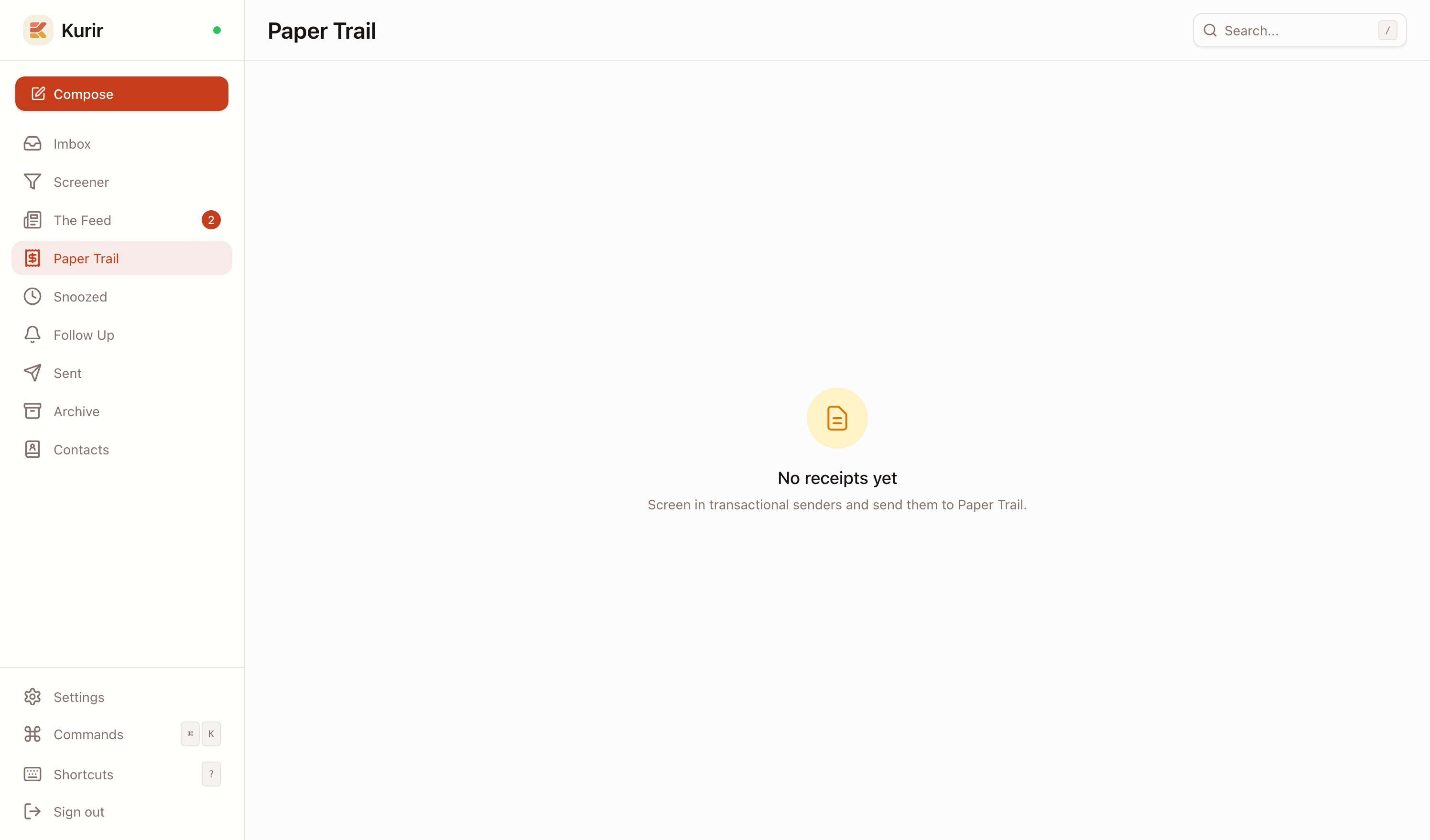 Kurir email client showing the sidebar with Imbox, Screener, Feed, and Paper Trail
