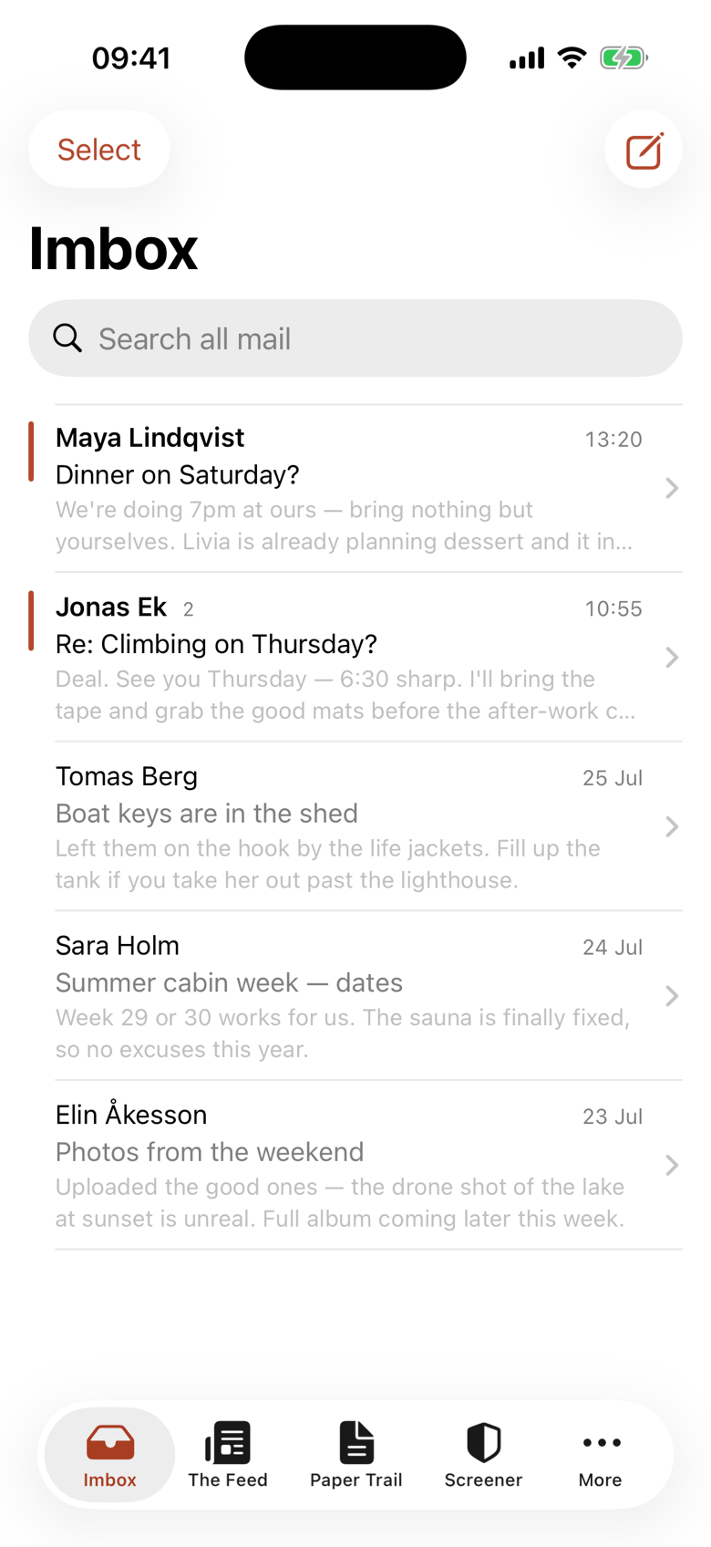 The native Kurir iPhone app showing the Imbox with personal mail