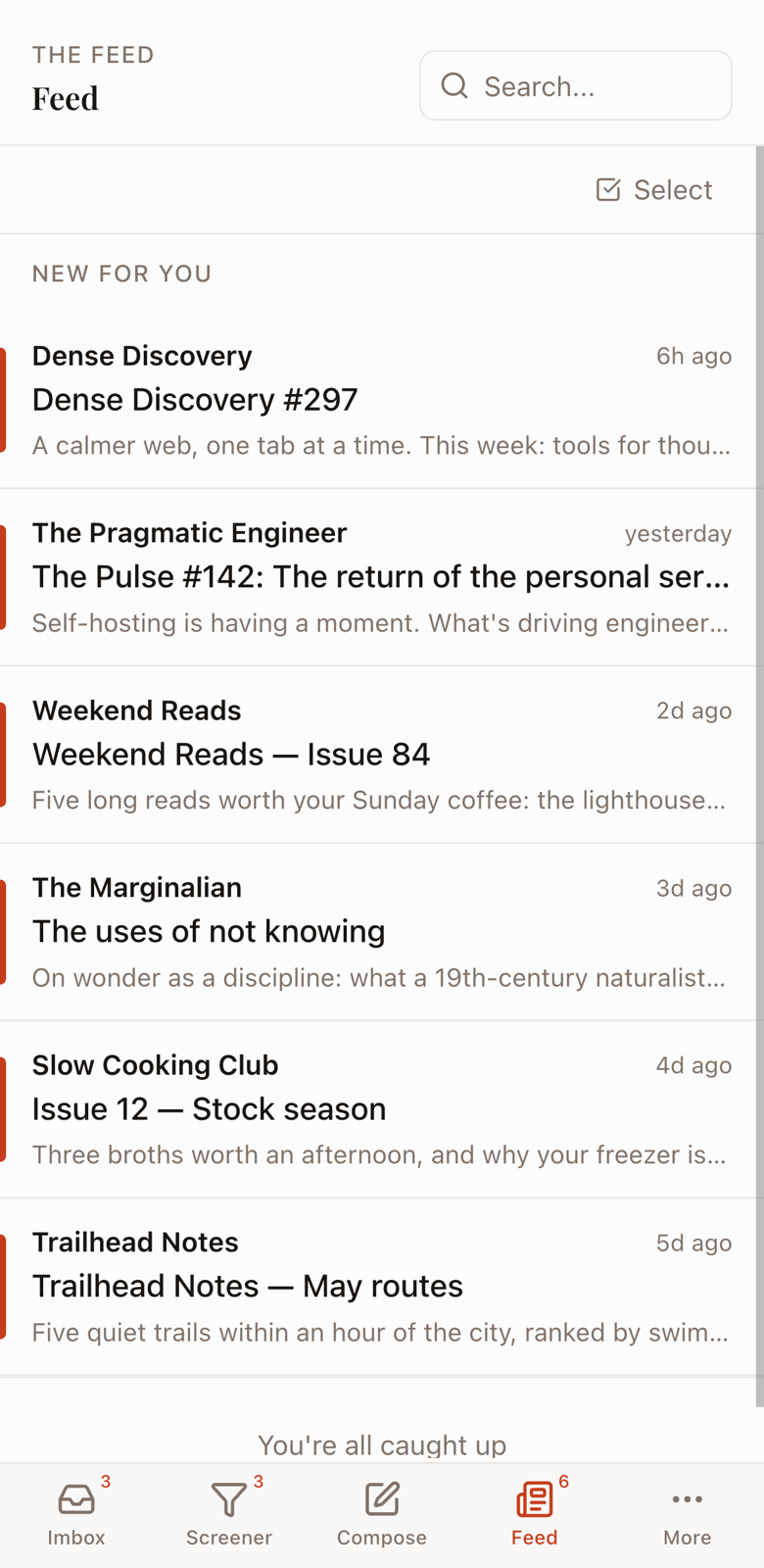 The Kurir PWA on a phone showing The Feed with newsletters